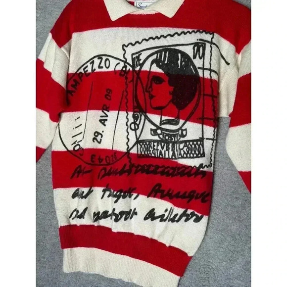 Sweater Bee Women's Vintage Red White Striped Postage Stamp Design - Small - Picture 2 of 8